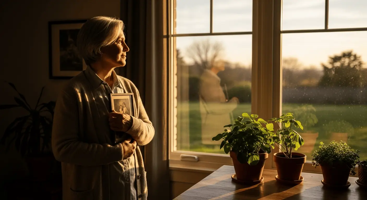 Starsza kobieta w ciepłym świetle zachodzącego słońca trzyma rodzinne zdjęcie.
