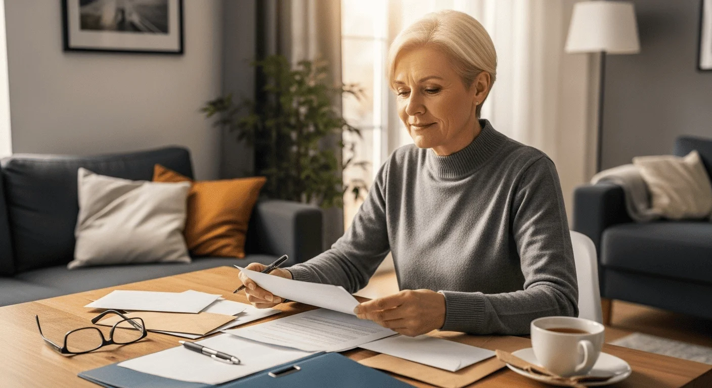 Kobieta przegląda dokumenty przy stole w salonie w spokojnej domowej atmosferze.