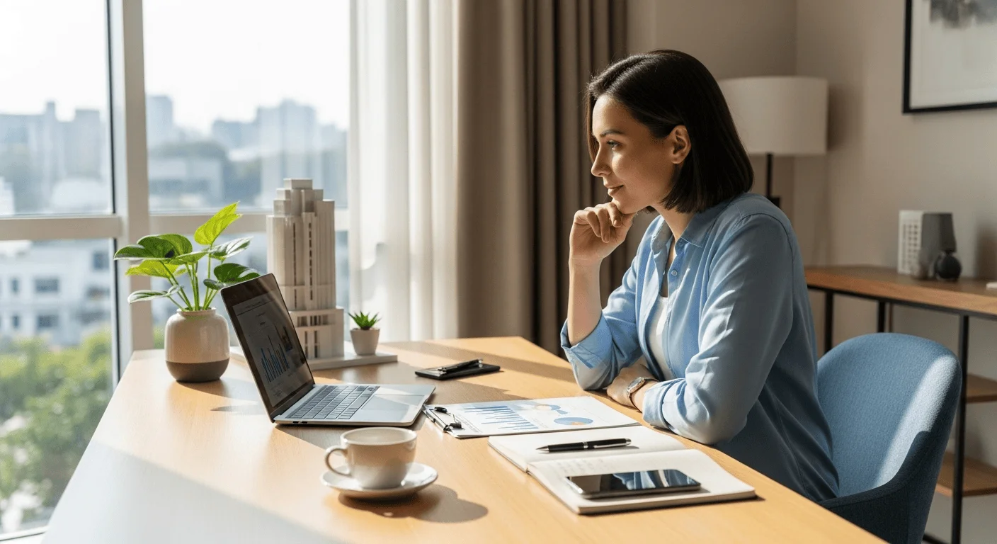 Kobieta analizuje dane finansowe na laptopie w jasnym biurze z widokiem na miasto.