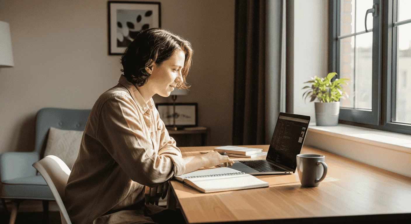 Kobieta uczy się i pracuje przy laptopie w domowym biurze, robiąc notatki.