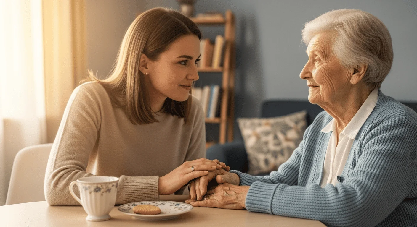 Młodsza kobieta trzyma dłonie starszej kobiety przy stole w domowej atmosferze.