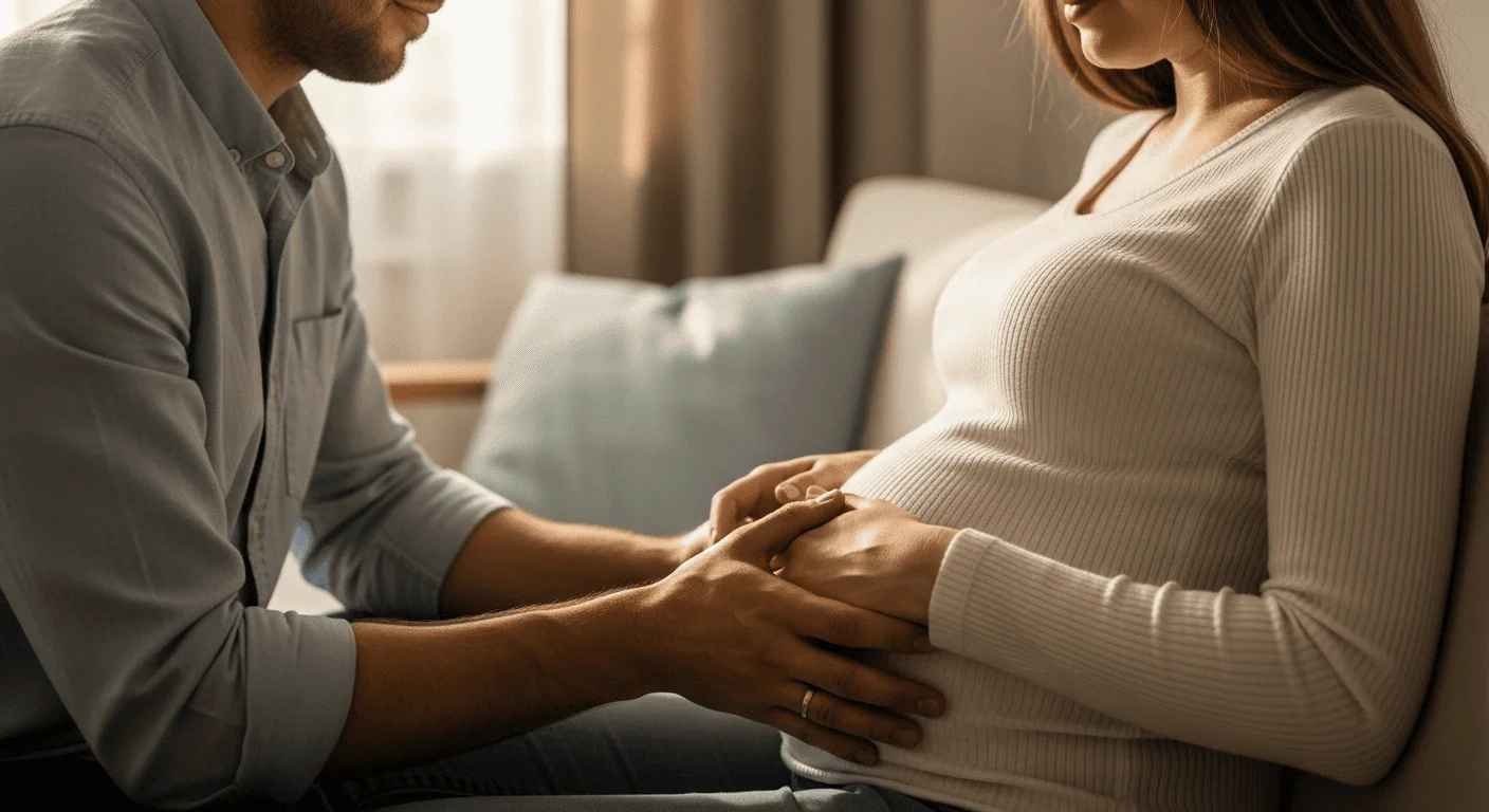 Mężczyzna trzyma dłonie na brzuchu ciężarnej kobiety, oboje siedzą razem na kanapie.