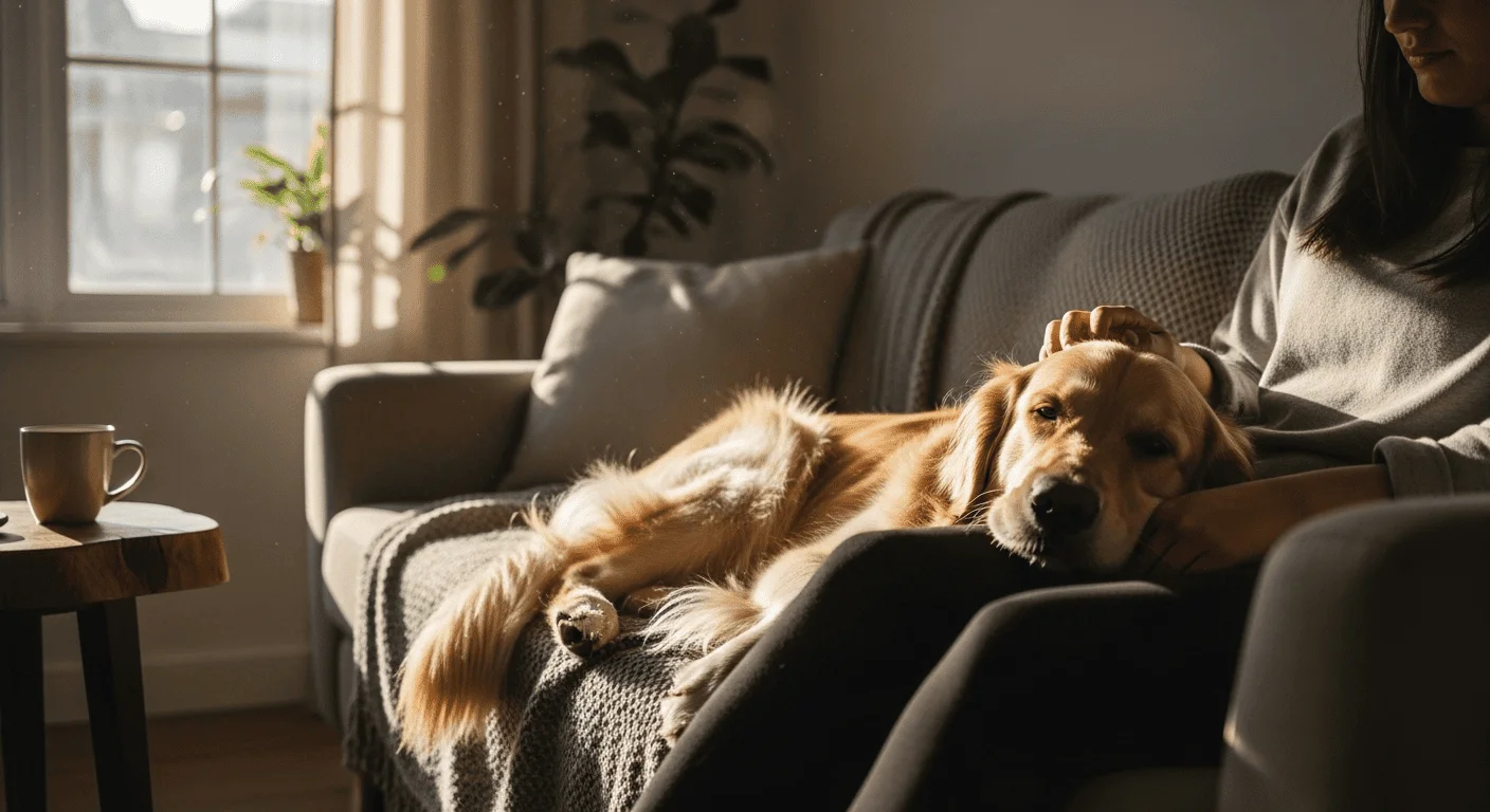 Osoba siedzi na kanapie, głaszcząc psa leżącego obok niej w popołudniowym świetle.